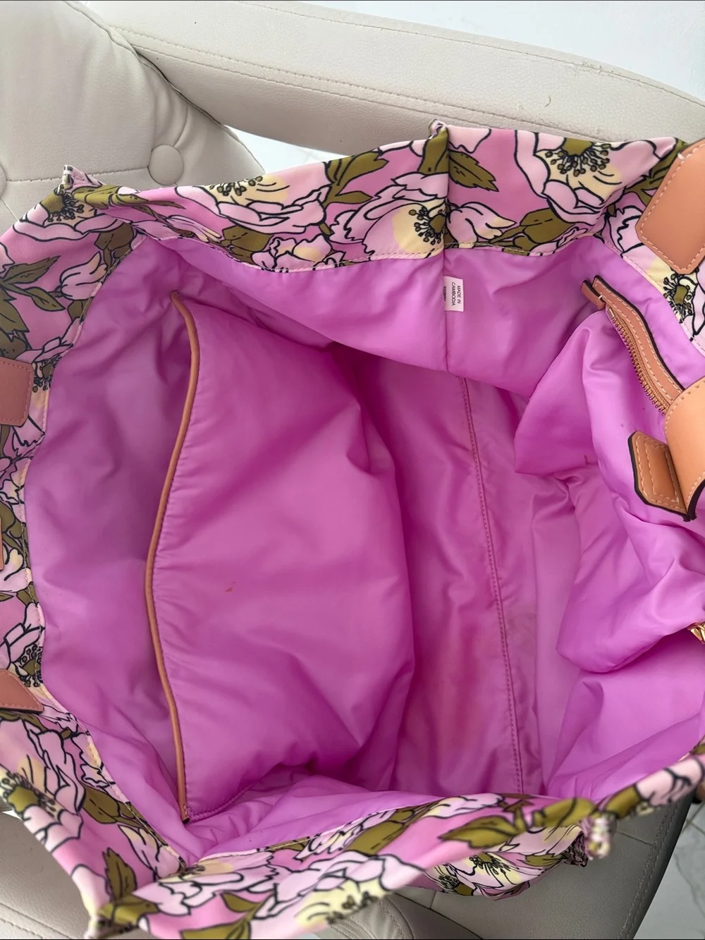 Tory Burch Ella Pink Floral  Tote with Tan Leather Trim large bag